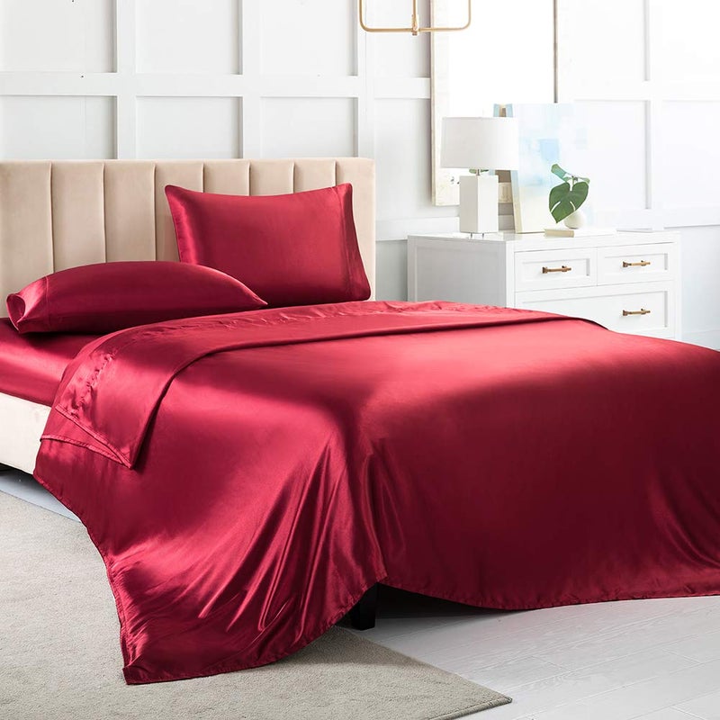 Luxbedding Satin Bed Sheets Queen Sheet Set, Red Silk Sheets, 4 - Pieces Soft Bedding Set with 1 Deep Pocket Fitted Sheet,1 Flat Sheet,2 Pillowcase - Image 1